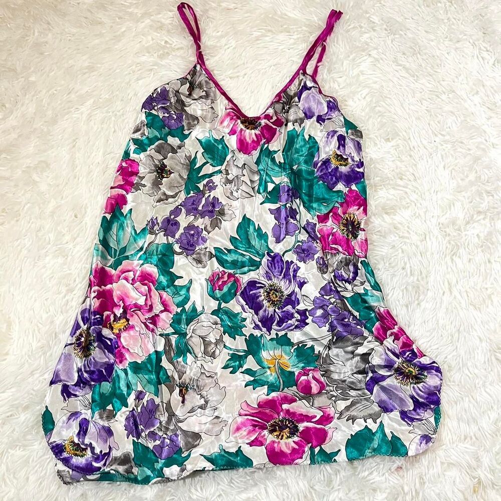 VTG Floral Lingerie Slip Dress Size M Pink Teal Purple‎ Flowers